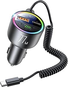 77W Bluetooth 5.4 FM Transmitter Car Adapter [PD3.0 65W+12W Fast Charging] Bluetooth Car Adapter [Deep Bass&Lossless Call Sound] Radio Bluetooth Transmitter for Car HiFi Mic & Colors LED Display