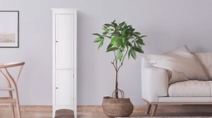 Teamson Home Glancy 63 in. Freestanding Linen Storage Cabinet with Two Doors and Adjustable Shelves for a Stylish and Functional Storage Solution in Bathrooms, Kitchens, or Living Room, White