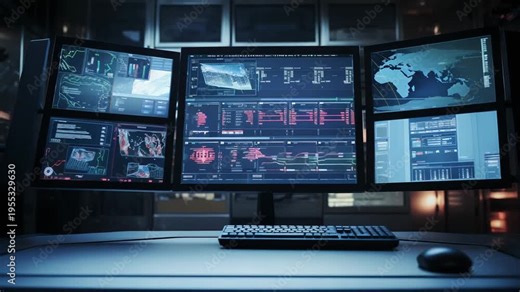 Futuristic control room managing complex data systems and observing worldwide network activities, displaying charts, graphs, and a global map for advanced security analysis