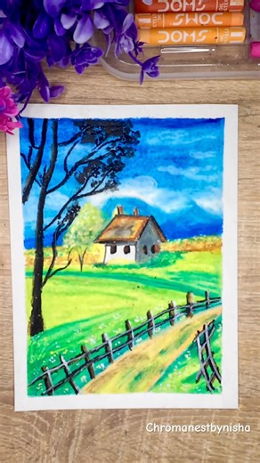 🏡Beautiful Nature Drawing | Oil Pastels Art | #artshorts #oilpasteldrawing #drawing