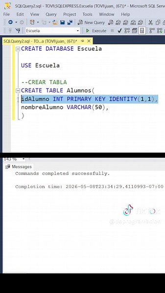 Las tablas en SQL Server son la base de cualquier base de datos. En esté tutorial aprenderás cómo crear tablas, declarar columnas primarias y tipos de datos correctamente paso a paso. No olvides seguirnos para poder seguir creando más contenido :) #sqlserver #sql #basesdedatos #programacion #aprendersql