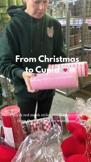 🎀 From Christmas to Cupid! Carrie’s pulling pink and red mesh fresh from the Trendy Tree warehouse — perfect for holiday and Valentine wreaths, bows, and crafts. 💌 Bright colors, fun texture, and endless possibilities — shop the newest mesh arrivals today at [TrendyTree.com]! #TrendyTree #WreathMaking #ValentineRibbon #CraftSupplies #WreathMakers #CarriesPicks | Trendy Tree