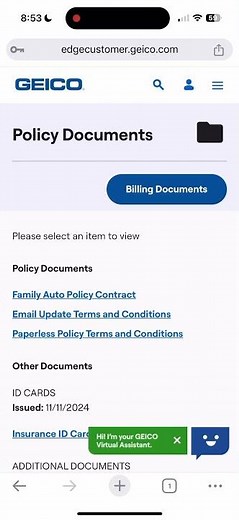 Geico (mobile web) - How to get your declarations page