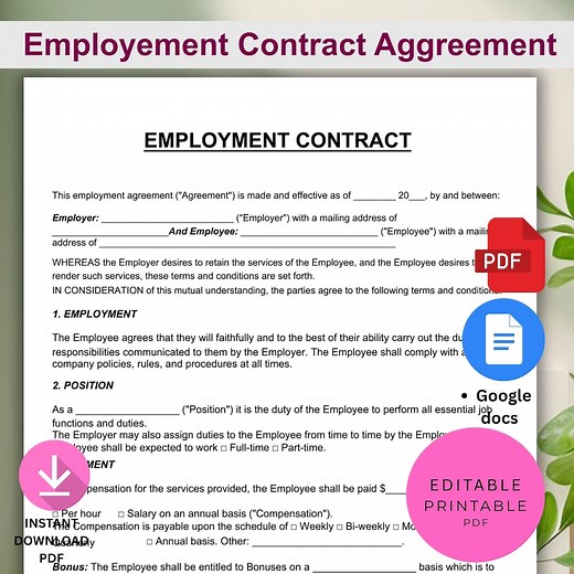 Employment Contract Agreement Template. Editable Employee Service Contract. Printable HR Employer Employee Form. Word PDF Google Docs. - Etsy