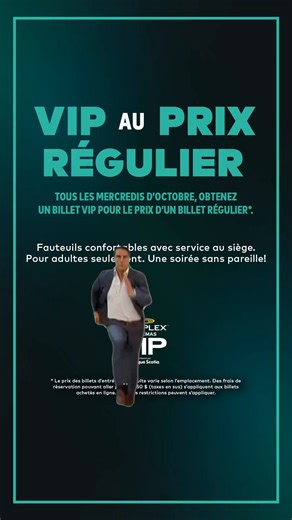 C'est mercredi ! ✨ Profitez du VIP sans payer le prix VIP. 😁 Tous les mercredis d'octobre, achetez un billet VIP au prix d'un billet normal. 🙌 Billets ici 🎟️➡️ https://cinplx.co/4nE0OsR | Cinémas Cineplex