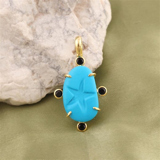 Turquoise Star Carved Gemstone Pendant With Black CZ Charm, Gold Plated Celestial Connector - Etsy