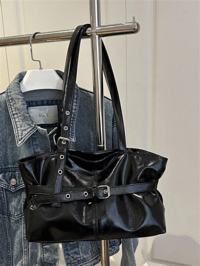 1 pieza Bolso de mano grande de estilo vintage, bolso de mano grande para transporte, bolso de moto de moda, piel de cuero de unicolor con acabado de cera, decoración con correa, cierre con cremallera, bolso de hombro para mujer para trabajo, mochila de estudiante universitario, viaje corto, vacaciones, compras, negocios, adecuado para uso diario | SHEIN