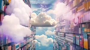 A cloud hovers in the middle of a library filled with rows of books, Artwork exhibiting file sharing through cloud storage, AI Generated