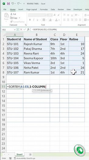 Excel Magic 😲 | 1 Formula में पूरा Data Reverse #shorts #excel