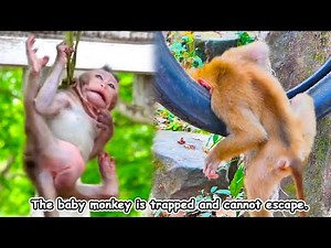 The baby monkey was trapped while the mother monkey was panicking beside her trying to save her baby
