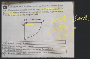 41 A charged particle (charge q>0, mass m ) moves from A to B t... | Filo