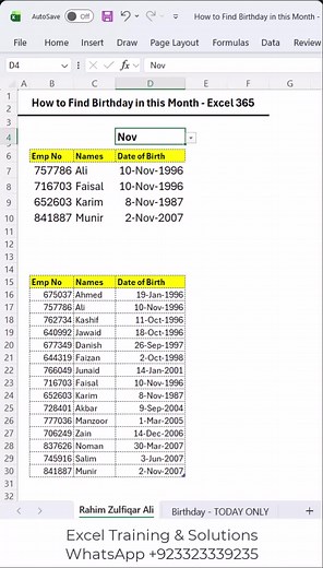 20K views · 71 reactions | How to Find Birthday in this Month - #excel 365 =FILTER(Data,D4=TEXT(Data[Date of Birth],"MMM"),"") How to Find Birthday Today Only - Excel 365 =FILTER(Data_,TEXT(TODAY(),"DD-MMM")=TEXT(Data_[Date of Birth],"DD-MMM"),"") | Excel Basement | Facebook