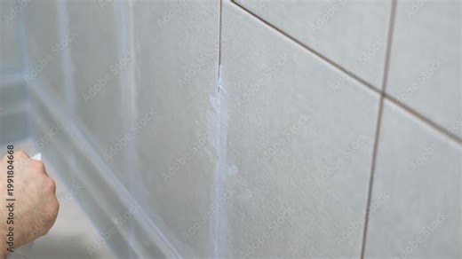 Worker using a rubber grout float to smooth grout between tiles. Carefully applying sealant to tiles joints. Workman hands smoothing caulk, using small tool to remove excess and create clean seam.