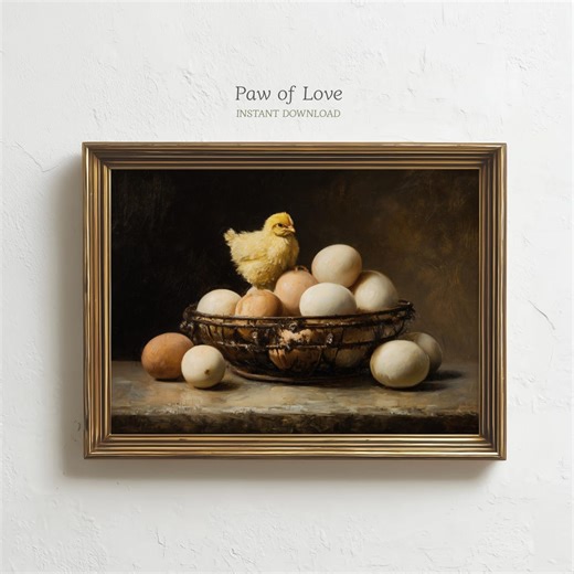 Vintage Chicken Print, Easter Eggs Basket Painting, Farmhouse Rustic Wall Art, Cottagecore Kitchen Decor - Etsy