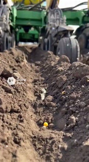 farming scene showing a tractor-mounted maize planter sowing corn seeds into prepared soil.