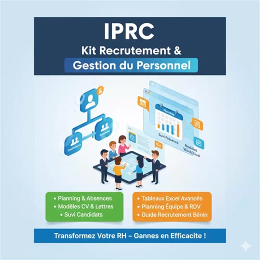 🔥 IPRC – KIT RECRUTEMENT & GESTION DU PERSONNEL 360° 🔥 Le pack RH le plus complet jamais conçu pour recruter mieux, gérer sans stress et organiser votre équipe comme une entreprise de classe mondiale. Saviez-vous que 7 entreprises sur 10 perdent de l’argent chaque mois simplement à cause d’une mauvaise organisation du personnel et d’un recrutement improvisé ? Oui… Pas à cause des ventes. Pas à cause du marketing. Mais parce que leur gestion RH est un chaos total. Le vrai problème ? Vous n’avez