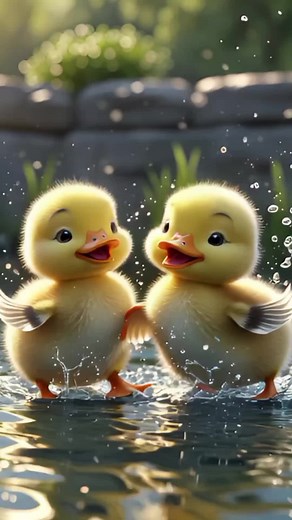 Cute Ducklings Playing Joyfully in Water