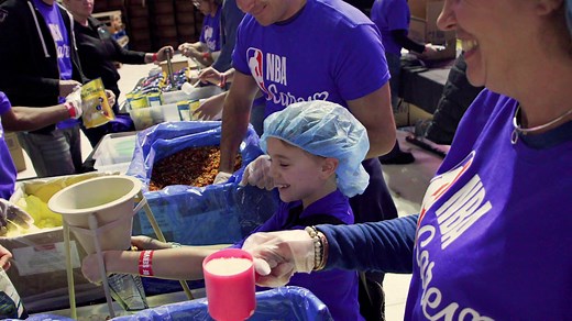 As part of NBA Cares All-Star Day of Service, the NBA family partnered with Pacers Sports & Entertainment & Million Meal Movement to tip off 24 consecutive hours of service. Packing more than 200,000 boxes of nonperishable items for local Indiana families facing food insecurities. | NBA Cares