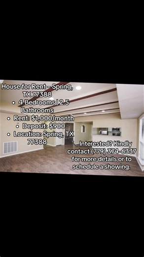 🏡 SPRING, TX RENTAL ALERT! 🏡 STOP scrolling if you’re looking for a spacious, affordable home in Texas 👀👇 This one is a rare find! ✨ 4 BEDROOM | 2.5 BATH HOME 💰 Rent: $1,000/month 💵 Deposit: $900 📍 4402 Dawn Creek Ln, Spring, TX 77388 Perfect for large families, roommates, or anyone who needs extra space 🏠 Homes with 4 bedrooms at this price in Spring, TX do NOT last long! 📩 HOW TO SCHEDULE A SHOWING: 👉 DM the landlord the word “HOME” 👉 Include your contact number 👉 Text or call with