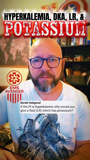 Your patient is in DKA and they are hyperkalemic. For boluses the patient may get Lactaded Ringers, which is the ideal isotonic crystalloid for replacing volume in DKA. But LR contains potassium. Additionally the patient is going to get ongoing maintenance fluid, and potassium will be added to it. What gives? #Paramedicbook #paramedicsoffacebook #medicsoffacebook #medicbook #emtsoffacebook #emsbook #Paramedic #paramedics #firstresponders #firstresponderbook #firstrespondersoffacebook #firefighte