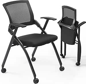 YUNWANG 2 Pack Stackable Conference Room Chairs with Wheels, Folding Office Chair with Rebound Back, Padded Seat for Training Room, Guest, Reception, Event, Capacity 350lbs, Black