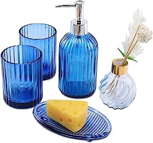 TocTen 5 Pieces Bathroom Accessories Set, Include Lotion Soap Dispenser+ 2 Toothbrush Cup+ Soap Dish+ Essential Oils Diffuser Bottles, Premium Glass Bathroom Vanity Countertop Accessory Set(BLUE 16oz)