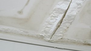 Plaster ceiling cracks after heavy rain or leakage from the upper neighbor apartment. Large black mold formation on the plaster ceiling, water droplets destroying roof.