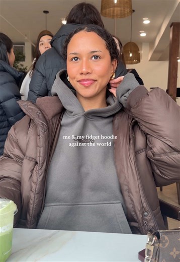 been living in this hoodie lately 🩶🤎 (it has stress balls in the sleeves… and rubbies in the pocket… im in love) @Cloud Nine grounding hoodie in moon grey, size small ☁️ #hoodie #fidgets #anxiety #stressballhoodie #stressfree