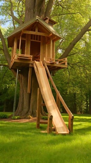 38 Treehouse With a Wooden Slide