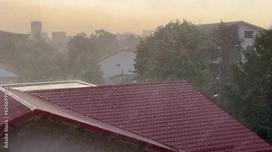 Bad weather storm city. Heavy rain and strong wind blowing trees. Downpour, storm wind taste. Rainstorm. Stormy weather city flood street rain shower. 4k video. Stock Video