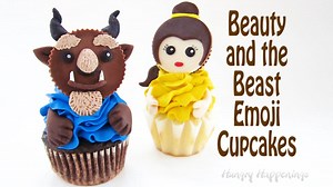 BEAUTY AND THE BEAST EMOJI CUPCAKES...made with Reese's Cups and candy clay (modeling chocolate). Printable Recipe - http://hungryhappenings.com/2017/02/beauty-and-the-beast-emoji-cupcakes.html/ | Hungry Happenings