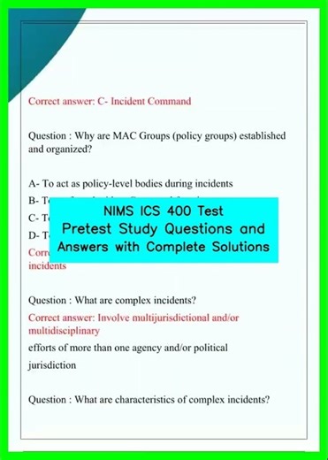 NIMS ICS 400 Test Pretest Study Questions and Answers with Complete Solutions video