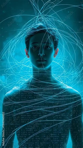 Vertical video: Standing shirtless man in teal field halo rising strands spiraling code pulsing