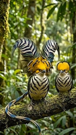 Nature truly is the ultimate artist, weaving patterns and colors that seem to belong in a dream. Take a moment to admire the breathtaking detail on these magnificent creatures—the bold, zebra-like stripes, those vibrant golden crowns, and the ethereal sweep of their iridescent tail feathers. It is a reminder that the world is still full of hidden wonders, waiting for those who look closely enough to see the extraordinary in the wild. A masterpiece of symmetry and grace. Nature doesn't need a fil