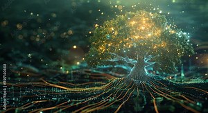 A tree with glowing branches and roots is the main focus of the image. The tree is surrounded by a dark background with a blue and green color scheme