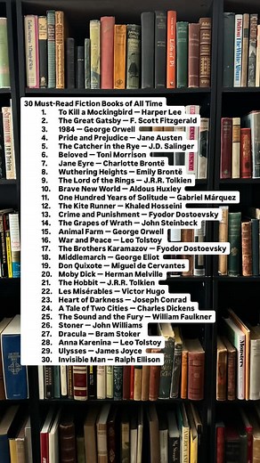 30 Must-Read Fiction Books of All Time 1. To Kill a Mockingbird — Harper Lee 2. The Great Gatsby — F. Scott Fitzgerald 3. 1984 — George Orwell 4. Pride and Prejudice — Jane Austen 5. The Catcher in the Rye — J.D. Salinger 6. Beloved — Toni Morrison 7. Jane Eyre — Charlotte Brontë 8. Wuthering Heights — Emily Brontë 9. The Lord of the Rings — J.R.R. Tolkien 10. Brave New World — Aldous Huxley 11. One Hundred Years of Solitude — Gabriel Márquez 12. The Kite Runner — Khaled Hosseini 13. Crime and P