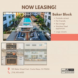 Welcome to Baker Block in Costa Mesa! 📣 Up to 4 Weeks Free on Select Apartments! Call Today! 1BR lofts available with limited-time pricing! Choose to live your best life at Baker Block! Our luxury apartments in Costa Mesa allow you to reside in comfort and sophistication while exploring the unique and dynamic culture of Baker Block, where surf, skate, music, and art intersect. Superior amenities, resort-inspired services, and a well-connected address allow you to indulge in all the urban conven