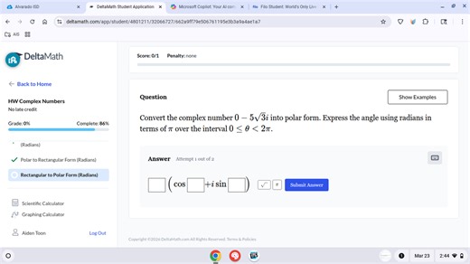 Convert the complex number 0 - 5√3i into polar form. Express th... | Filo