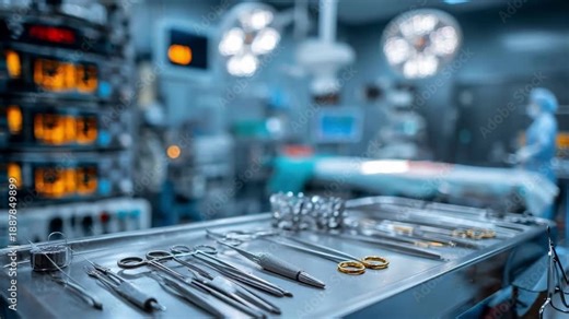 Orthopedic outpatient operating room featuring sterile surgical tools and focused anesthesia machine with blurred surroundings for depth.