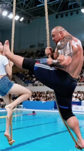 Woman challenges muscle man – who can hold on the longest on the rope? #RopeChallenge #ExtremeSports