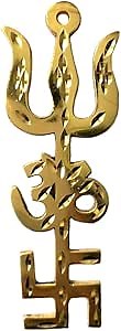 Divya Mantra Trishakti Yantra Trishul Om Swastika Decorative Spiritual Vastu Items Brass Indian Hindu Religious Wall Home Decor Kitchen Pooja Mandir Temple Hanging Good Luck Showpiece 4 Inch - Gold