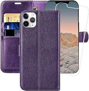 MONASAY Wallet Case Compatible for iPhone 11 Pro, 5.8-inch, [Glass Screen Protector Included] [RFID Blocking] Flip Folio Leather Cell Phone Cover with Credit Card Holder, Purple