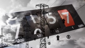 Electricity meter and power consumption. Rising electricity prices 3d render concept animation.