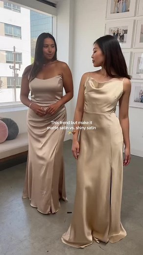 BIRDY GREY 🐥 on Instagram: "Matte vs. Shiny Satin side-by-side ✨ Can you see the difference? Drop your questions for us if you’re curious to learn more! Featuring bridesmaid dresses in Gold, Rust, and Moss Green #BIRDYGREY"