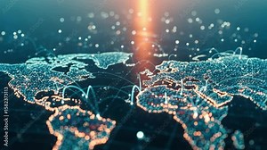 glowing digital map of the world shows interconnected light trails across continents, for global communication, internet connectivity, and the vastness of information networks