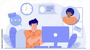 a person working on a laptop engaged in virtual communication with chat illustration business animated video