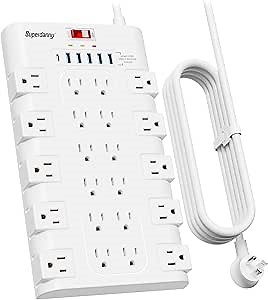 SUPERDANNY Power Strip Surge Protector with 22 AC Outlets and 6 USB Charging Ports, 6.5Ft Mountable Flat Plug Extension Cord (1875W/15A) for Home, Office, Dorm, Gaming Room, 2100 Joules, White