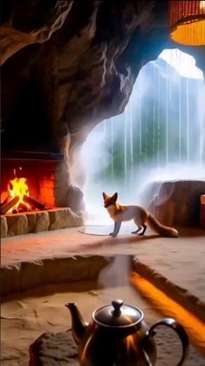 Rainy Day Camping, Cozy Fireplace Glow, Waterfall, Fox in Nature, Peaceful Tourism / #shortvideo