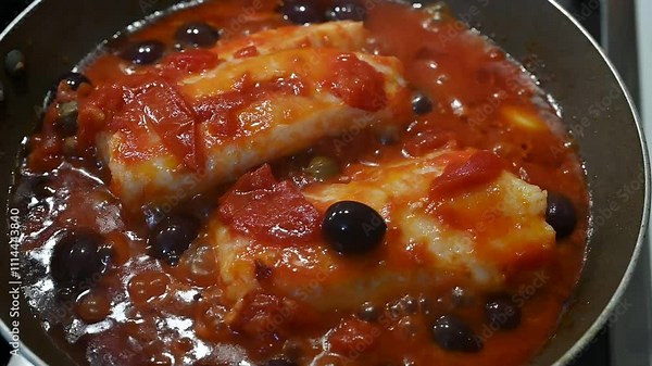 Cod in tomato sauce with black olives and capers. Cod stewed in tomato sauce with olives and capers is a tasty second course with a Mediterranean flavour, strong and balanced.