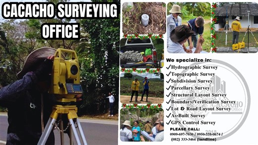 Naghahanap ka ba ng de-kalidad at abot-kayang land surveying services?📐👷‍♂️⁣⁣ Sa 𝐂𝐚𝐜𝐚𝐜𝐡𝐨 𝐒𝐮𝐫𝐯𝐞𝐲𝐢𝐧𝐠 𝐎𝐟𝐟𝐢𝐜𝐞, sinisigurado namin na makukuha mo ang tamang sukat, tamang proseso, at tamang presyo✨⁣⁣ ⁣⁣ 🔍 Mula sa boundary verification, subdivision survey, relocation, hanggang sa iba't ibang uri ng technical land surveying nandito kami para magbigay ng maaasahan, tumpak, at propesyonal na serbisyo.⁣⁣ ⁣⁣ Ano ang maaasahan mo sa amin?⁣⁣ 🔹 Tumpak at detalyadong land surveying re